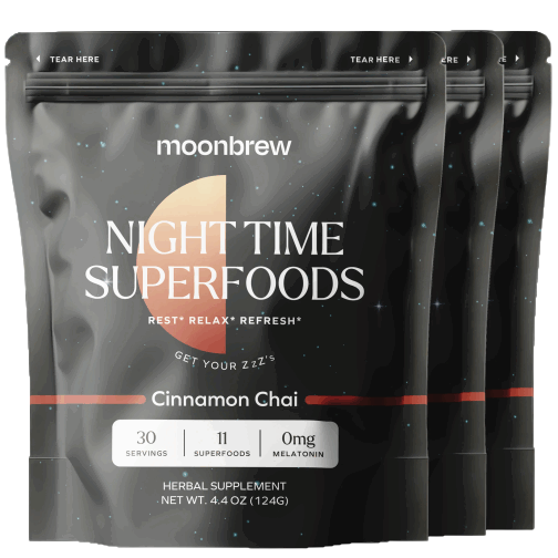 Moonbrew Night Time Superfoods, Cinnamon Chai flavor, with 30 servings, features 11 superfoods and contains 0mg melatonin. Net weight: 4.4 oz (124g).