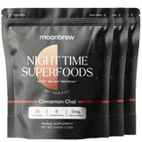 Moonbrew Night Time Superfoods, Cinnamon Chai flavor, with 30 servings, features 11 superfoods and contains 0mg melatonin. Net weight: 4.4 oz (124g).