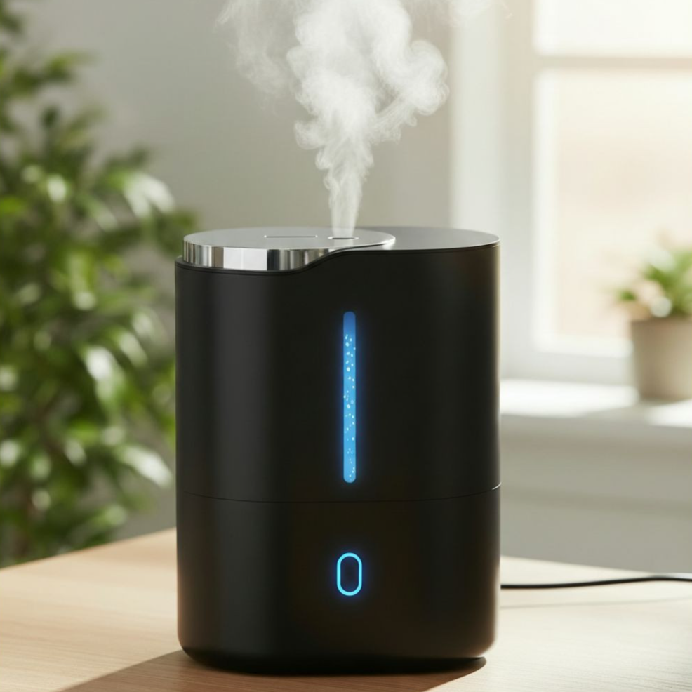 A sleek black ultrasonic humidifier emitting mist, equipped with a digital display and a touch control button, is placed on a wooden surface.