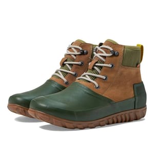 Bogs Rain Boots feature a two-tone design with green rubber uppers and brown leather-like material. They have thick treaded soles for traction, lace-up closures with eyelets, and an ankle-high cut, providing both style and function for wet conditions.