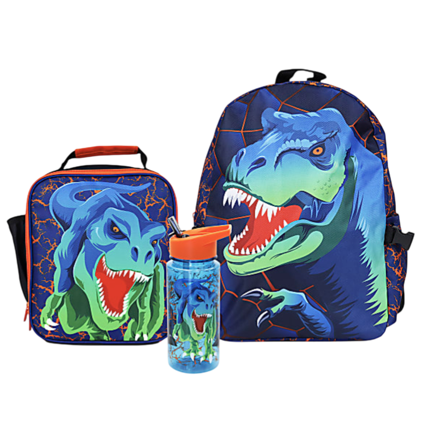 A set featuring a blue dinosaur design on a backpack, a lunchbox, and a water bottle with an orange lid.