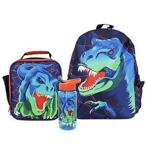 A set featuring a blue dinosaur design on a backpack, a lunchbox, and a water bottle with an orange lid.