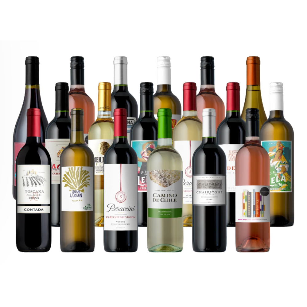 A variety of wine bottles, including reds, whites, and rosés, from different brands and regions, are grouped together in the image.