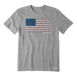 Gray t-shirt with the American flag and the words of \“The Star-Spangled Banner\“ printed in the flag's stripes, along with the Life is Good logo.