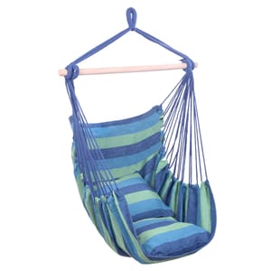 A colorful hanging rope chair with blue and green stripes features a padded seat and backrest supported by multiple ropes and a wooden spreader bar.