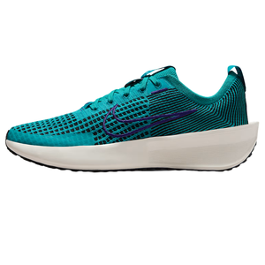 Teal and black athletic shoe with a white sole, featuring a purple swoosh logo and a breathable knit upper design.