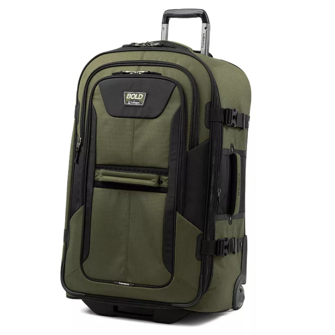 A green and black wheeled luggage bag with multiple compartments, featuring a telescopic handle and sturdy zippers.