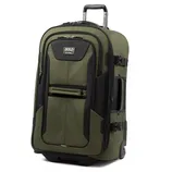A green and black wheeled luggage bag with multiple compartments, featuring a telescopic handle and sturdy zippers.