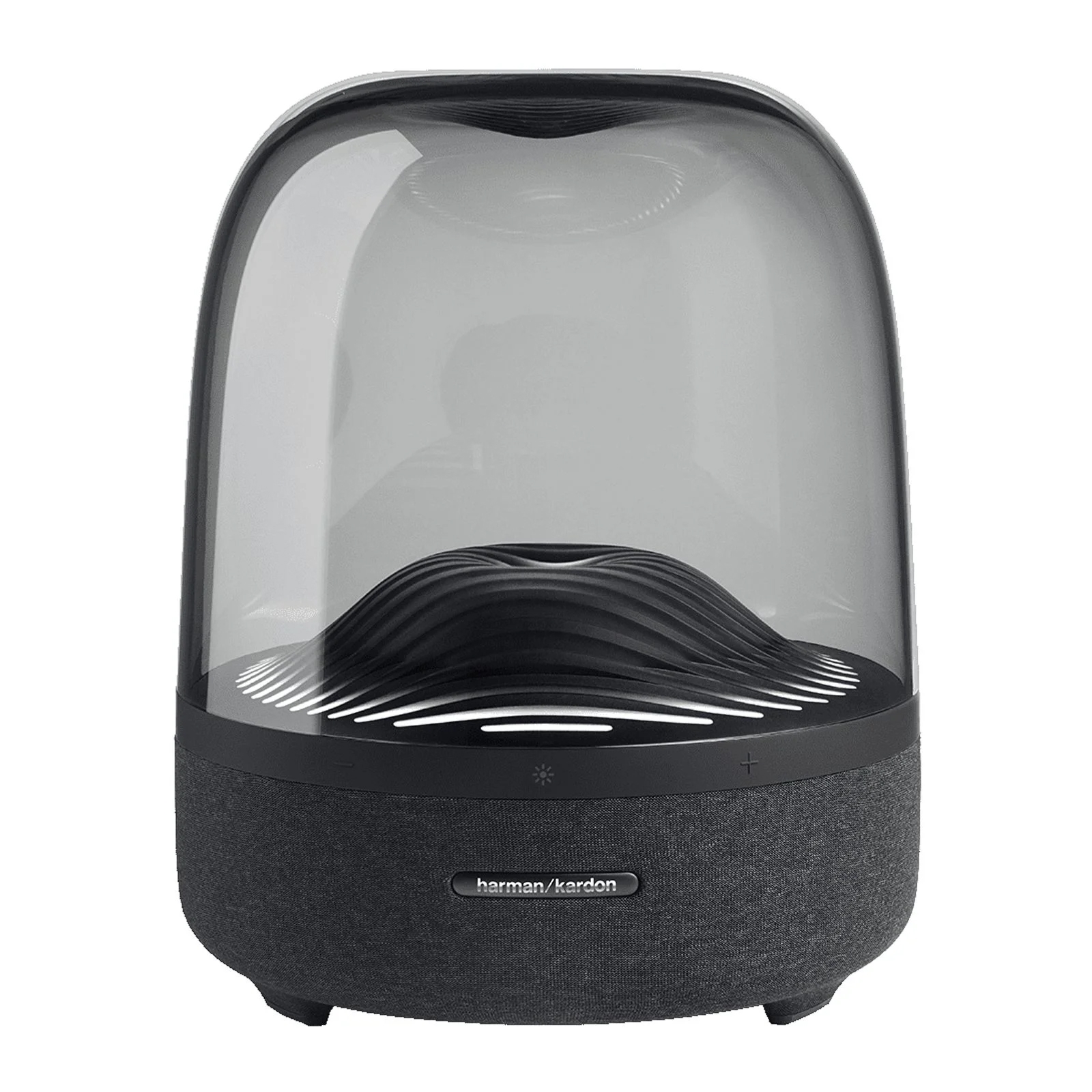 This is the Harman Kardon Aura Studio 3 speaker featuring a dome-like, transparent top with a wave-inspired design inside and a black fabric-covered base.