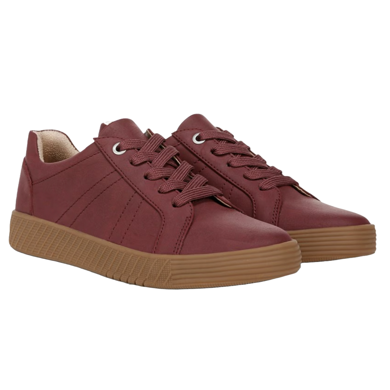 Maroon lace-up sneakers with a smooth finish, featuring a gum-colored rubber sole and subtle stitching details.
