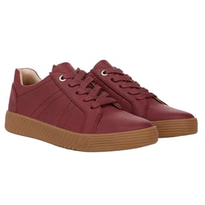 Maroon lace-up sneakers with a smooth finish, featuring a gum-colored rubber sole and subtle stitching details.