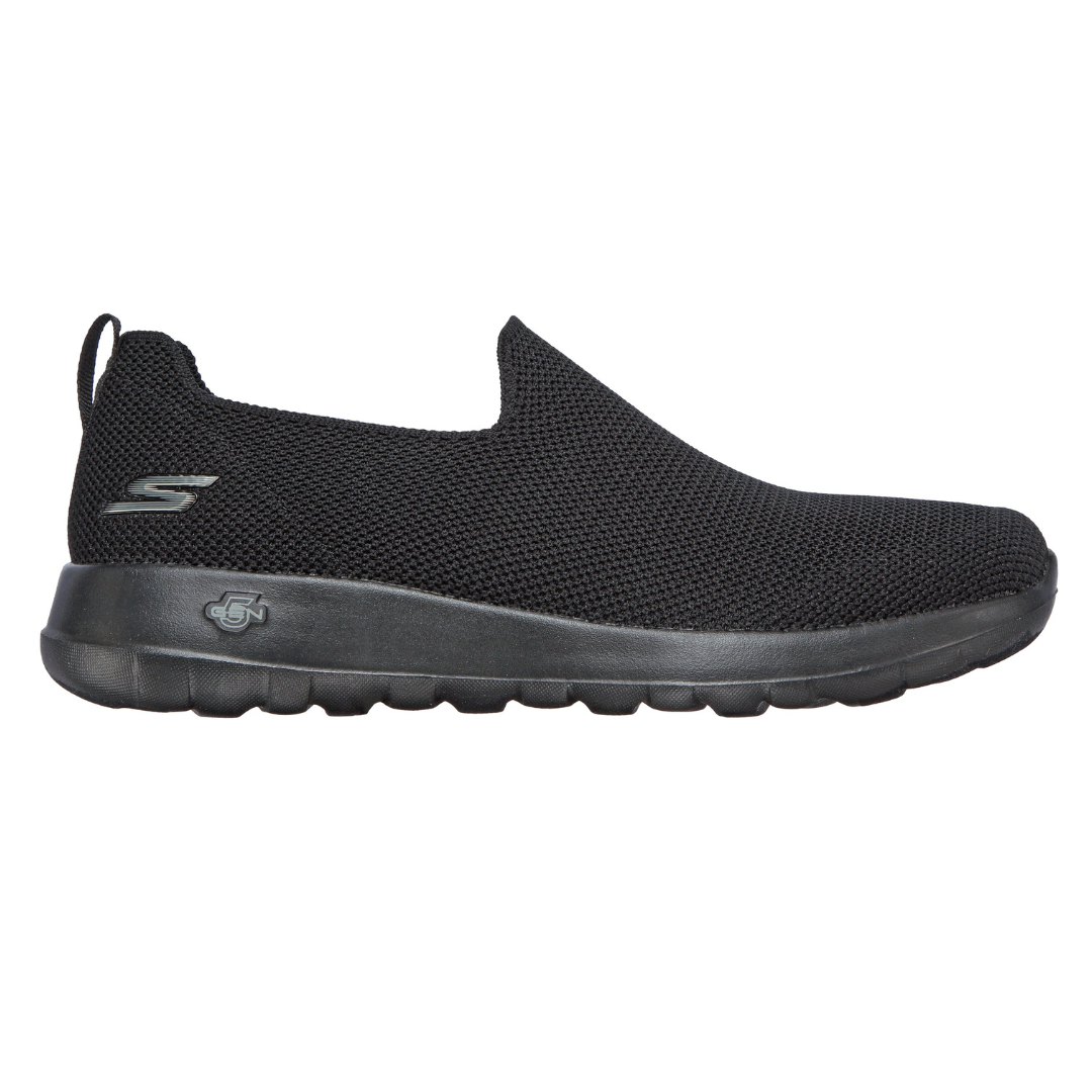 Skechers Men's GOwalk Max Shoes are black slip-on sneakers featuring a breathable mesh upper, cushioned insole, and lightweight, flexible rubber sole designed for walking comfort.