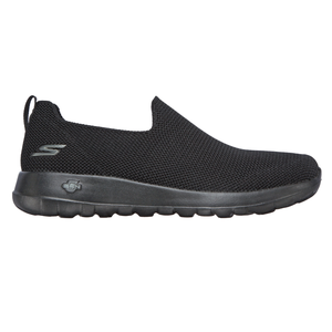 Skechers Men's GOwalk Max Shoes are black slip-on sneakers featuring a breathable mesh upper, cushioned insole, and lightweight, flexible rubber sole designed for walking comfort.