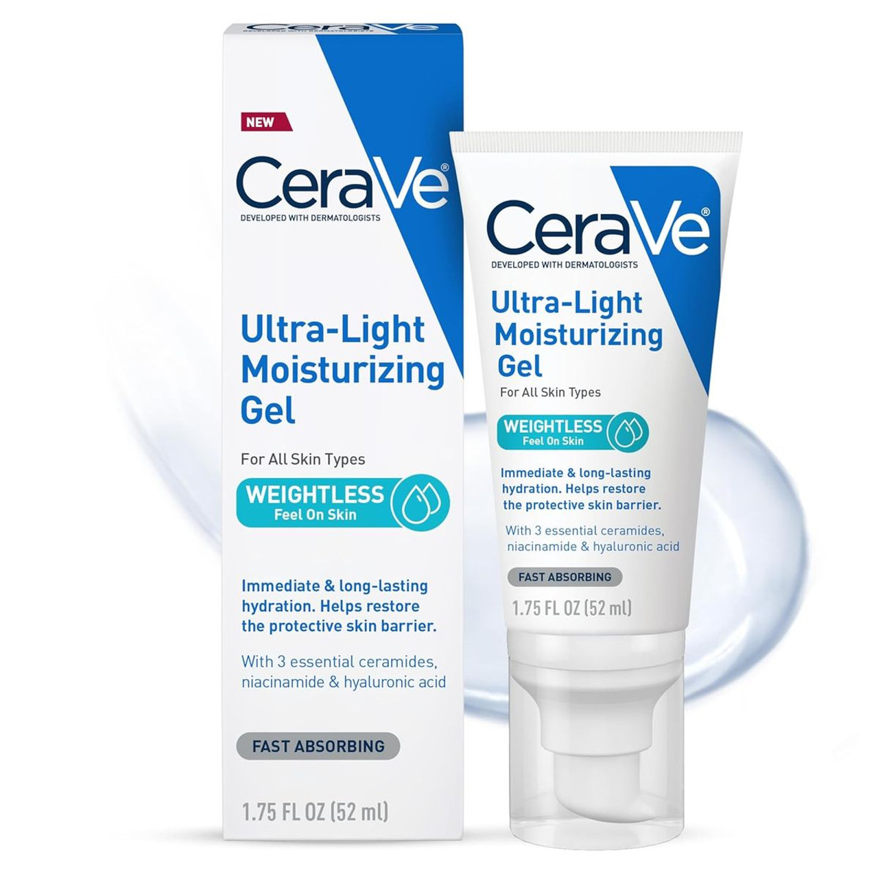 CeraVe Ultra-Light Moisturizing Gel for all skin types, 1.75 fl oz (52 ml), offers weightless, fast-absorbing hydration with 3 essential ceramides, niacinamide, and hyaluronic acid to help restore the protective skin barrier.