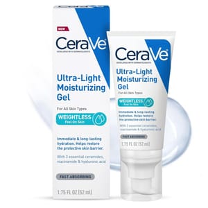 CeraVe Ultra-Light Moisturizing Gel for all skin types, 1.75 fl oz (52 ml), offers weightless, fast-absorbing hydration with 3 essential ceramides, niacinamide, and hyaluronic acid to help restore the protective skin barrier.