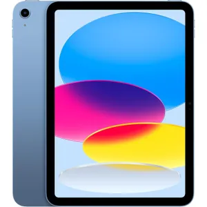 A blue tablet with a screen displaying overlapping colorful ovals, featuring a single rear camera.