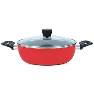 Red non-stick wok with a glass lid and black handles.