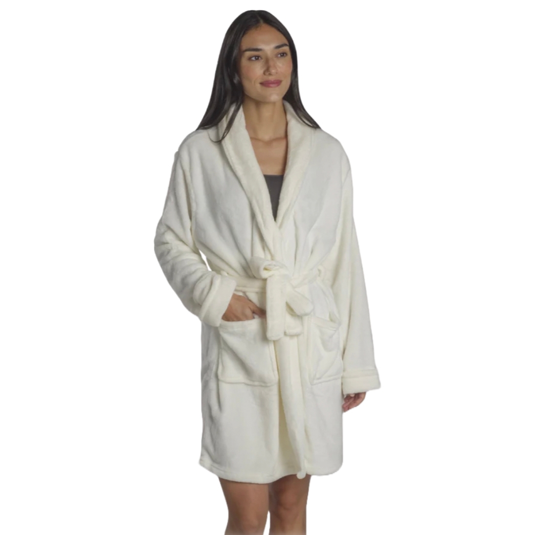 Women's Étoile New York Velvet Robe in ivory features a plush, soft texture with a shawl collar, tie waist, and two front pockets.