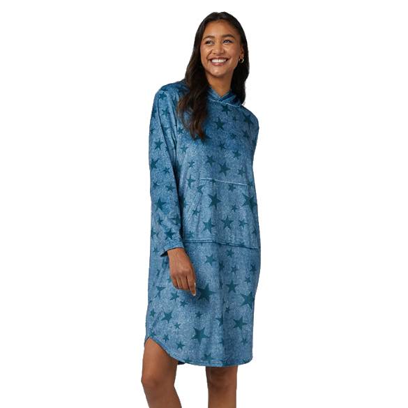 A blue long lounge hoodie with a star pattern, featuring long sleeves, a hood, and a relaxed fit.