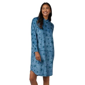 A blue long lounge hoodie with a star pattern, featuring long sleeves, a hood, and a relaxed fit.