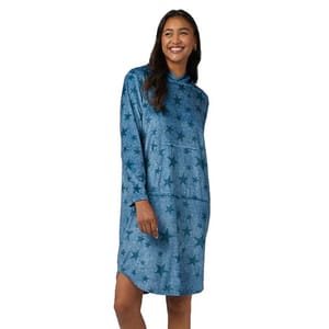 A blue long lounge hoodie with a star pattern, featuring long sleeves, a hood, and a relaxed fit.