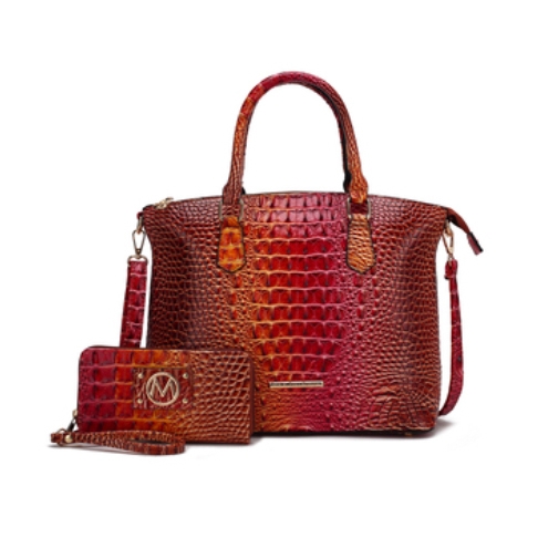 The MKF set includes a 14\“ tote and a wallet, both in a crocodile-embossed pattern. The tote has a structured design with dual handles and a detachable shoulder strap, and the wallet matches in color and texture with a wrist strap and metallic emblem.