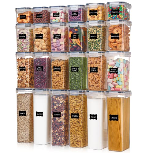 A set of 24 clear plastic food storage containers with white lids and printed labels indicating contents such as oats, sugar, cereal, pasta, and flour. Some are tall and narrow, others are shorter and wider.
