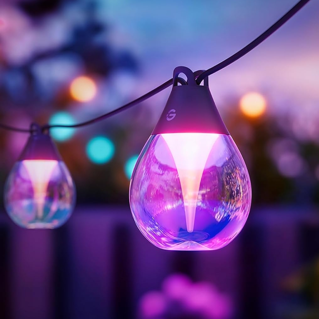 Govee 48' Clear Bulb String Lights feature colorful, teardrop-shaped bulbs on a string, creating a vibrant and atmospheric lighting effect, suitable for outdoor or decorative use.