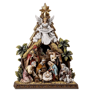A 10\“ sculpted nativity scene depicting the angel, Mary, Joseph, baby Jesus, three wise men with gifts, and a shepherd with a lamb, all under a star-topped stable adorned with palm trees.