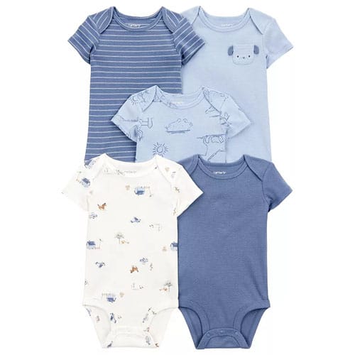 A set of five baby bodysuits in various shades of blue and white, featuring different designs such as stripes, animals, and cloud patterns.
