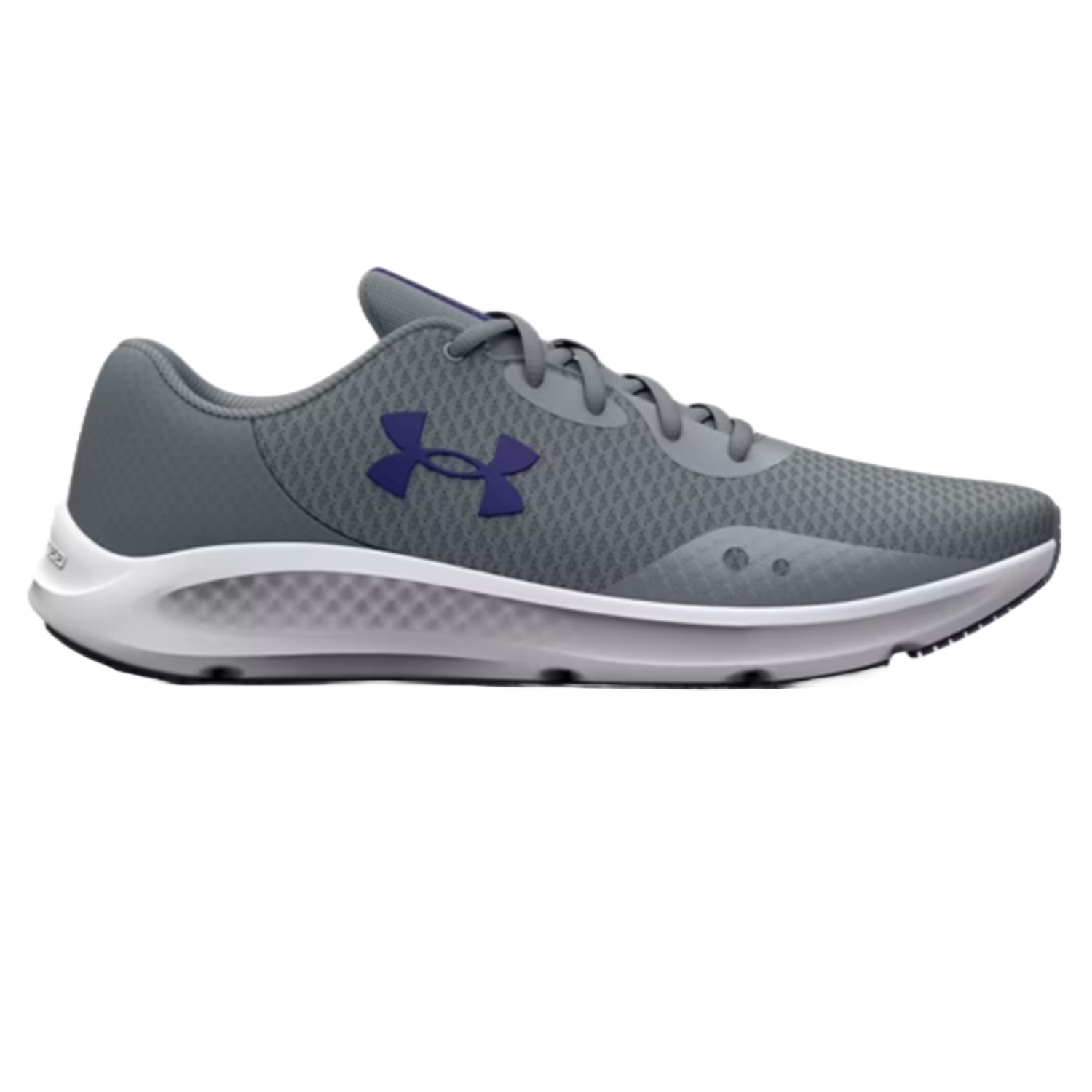 Gray athletic sneaker with a mesh upper, featuring a purple Under Armour logo, gray laces, and a white sole with textured details for support and traction.