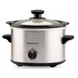 A Toastmaster slow cooker with a stainless steel exterior, black handles, and a glass lid. It features an adjustable knob for off, low, and high heat settings.