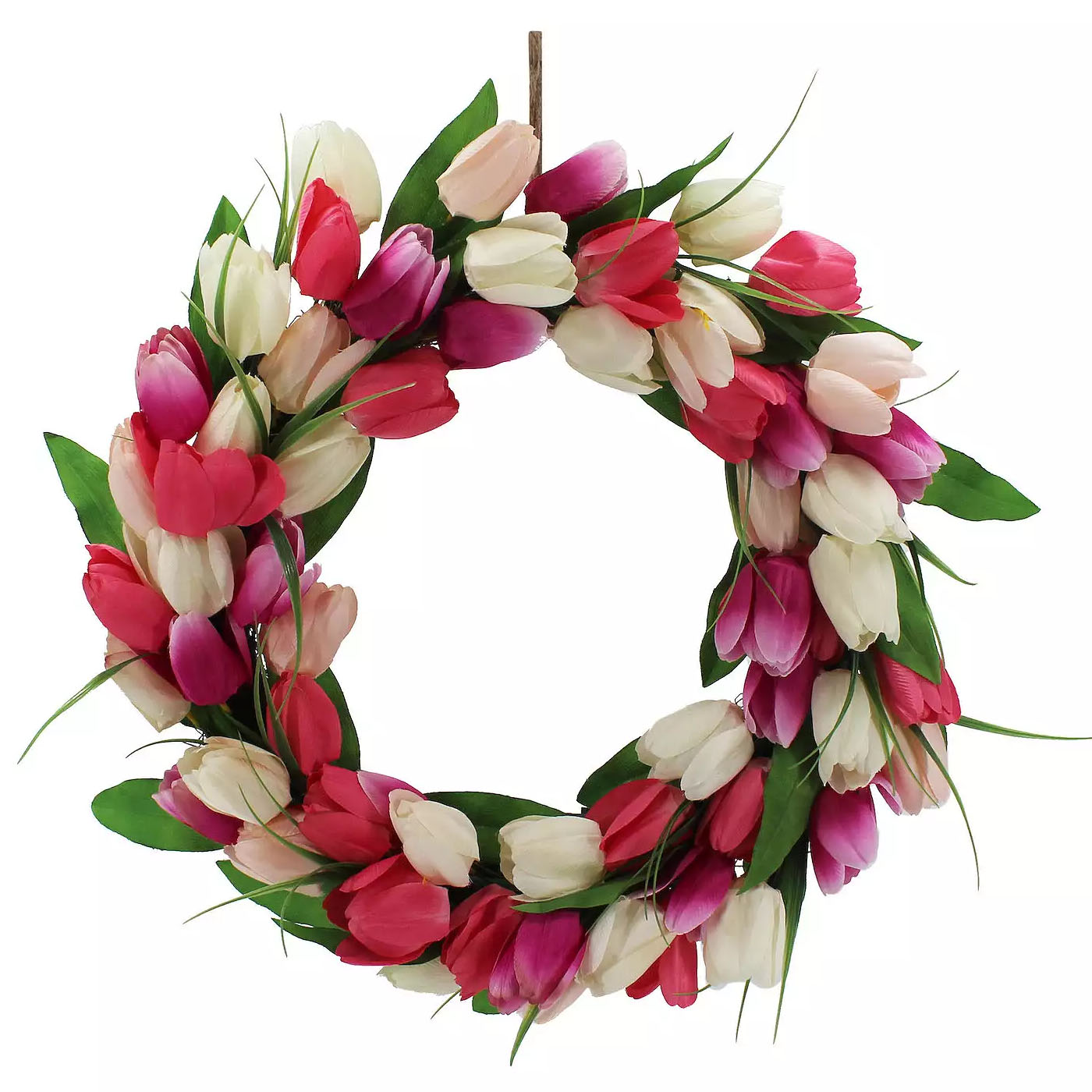 A colorful tulip wreath featuring red, pink, and cream-colored flowers with green leaves, arranged in a circular shape.