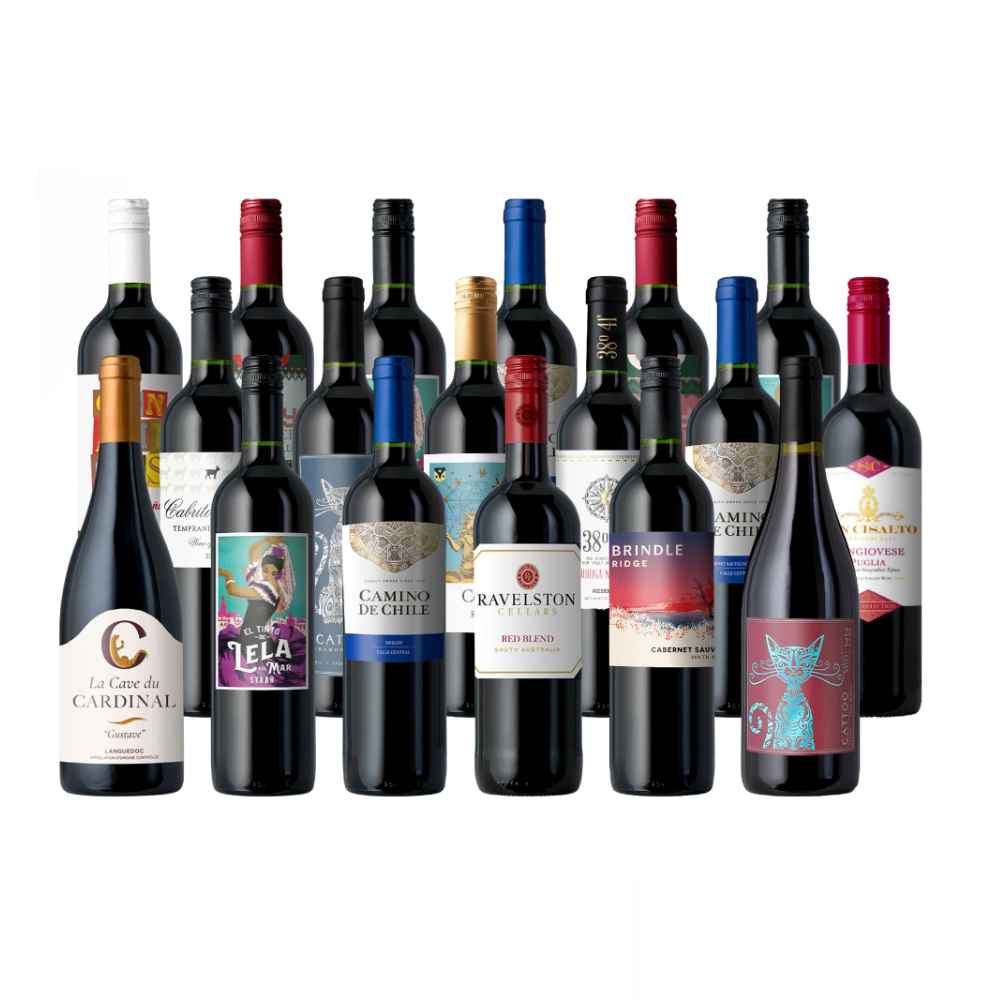 A collection of various wine bottles featuring different labels, including red wines such as blends and Cabernet Sauvignon, from regions like Chile and Australia.