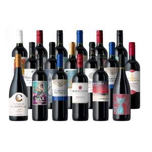 A collection of various wine bottles featuring different labels, including red wines such as blends and Cabernet Sauvignon, from regions like Chile and Australia.