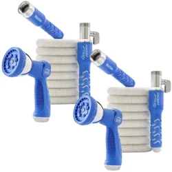 Two sets of blue and white expandable garden hoses with multi-pattern spray nozzles.
