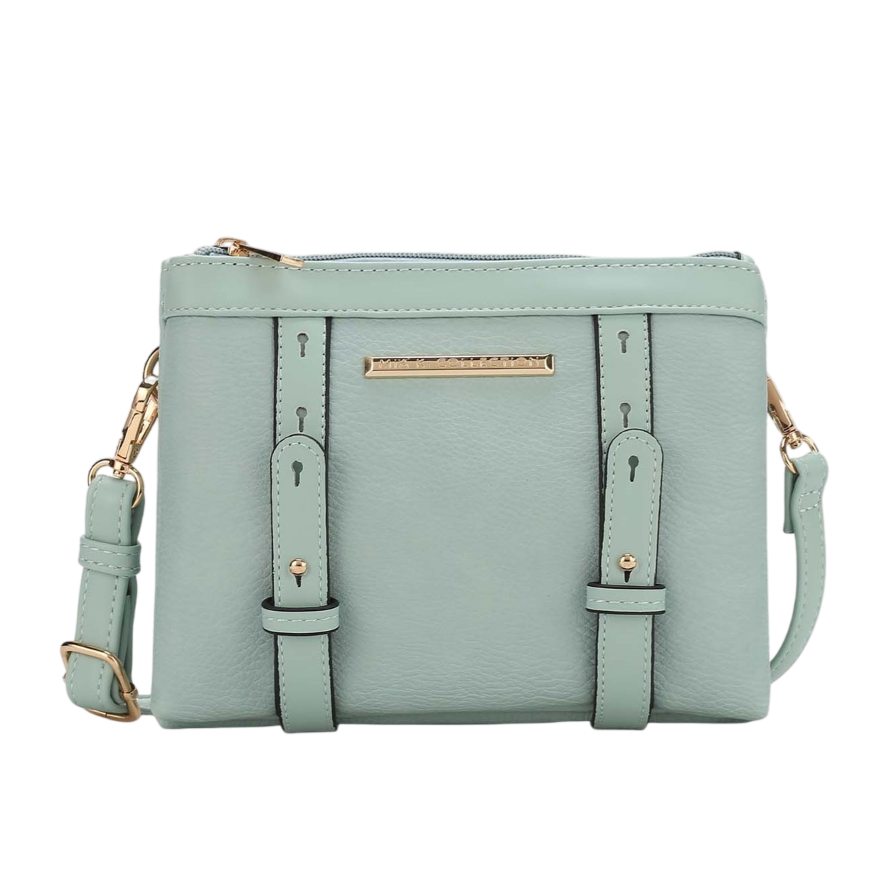 Mint green crossbody bag with gold hardware, including a zip closure and two front straps.