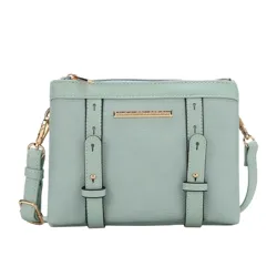 Mint green crossbody bag with gold hardware, including a zip closure and two front straps.