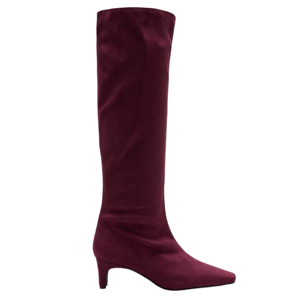 A burgundy knee-high boot with a pointed toe and low kitten heel, featuring a sleek, smooth texture.