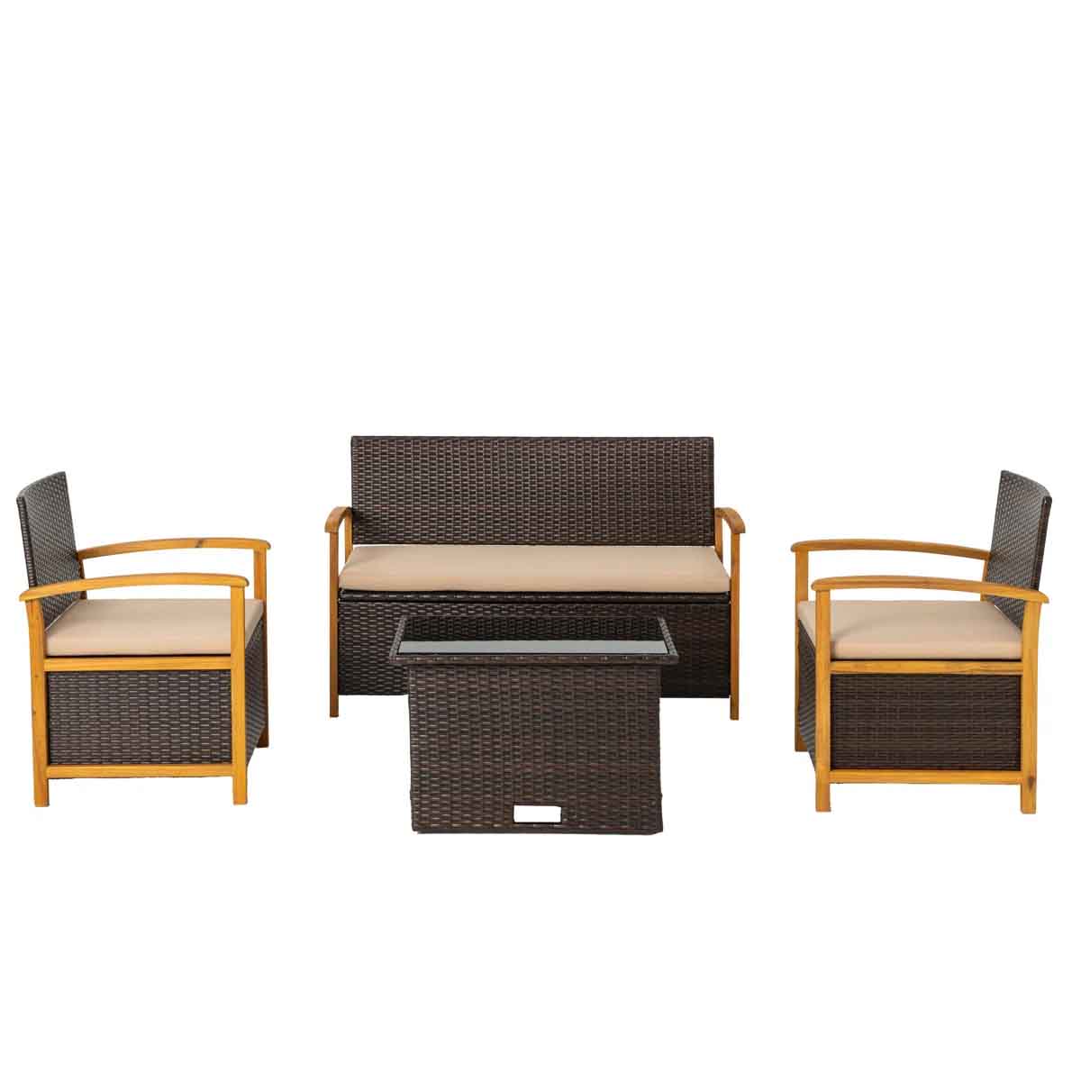 Outdoor patio furniture set with two armchairs, a two-seater sofa, and a glass-topped coffee table. Features brown rattan with beige cushions and wooden armrests.