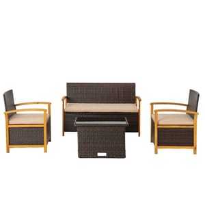 Outdoor patio furniture set with two armchairs, a two-seater sofa, and a glass-topped coffee table. Features brown rattan with beige cushions and wooden armrests.