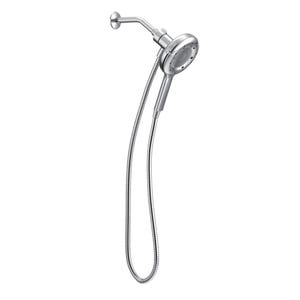 Moen Handheld Showerhead with Dock features a shiny, metallic finish, a circular showerhead, and a flexible hose for easy maneuverability. The docking system allows it to be secured back onto the fixed shower arm.