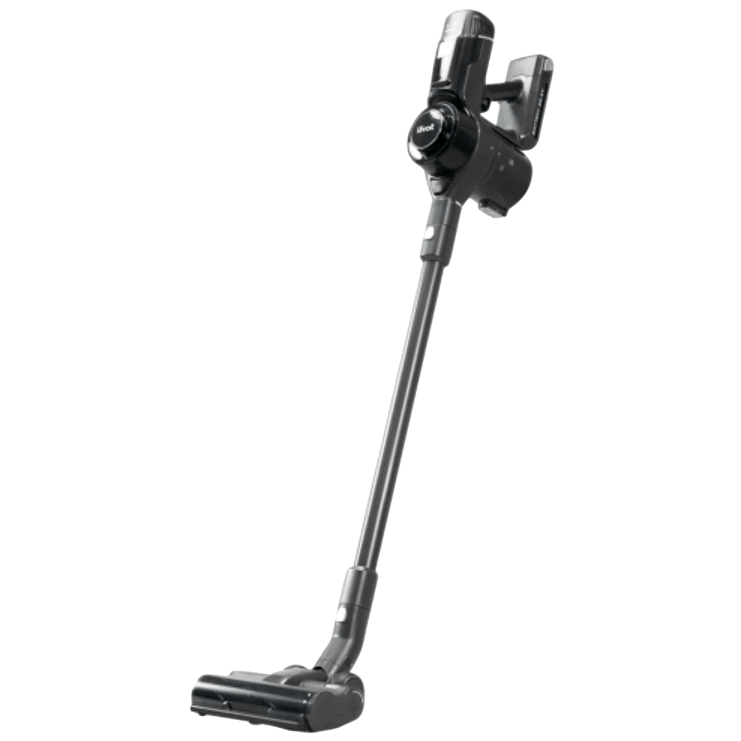 A cordless stick vacuum cleaner in a sleek black design, featuring a compact motor and extendable handle for easy maneuverability.