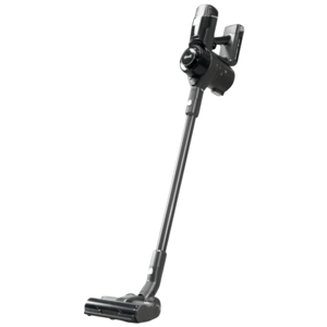 A cordless stick vacuum cleaner in a sleek black design, featuring a compact motor and extendable handle for easy maneuverability.