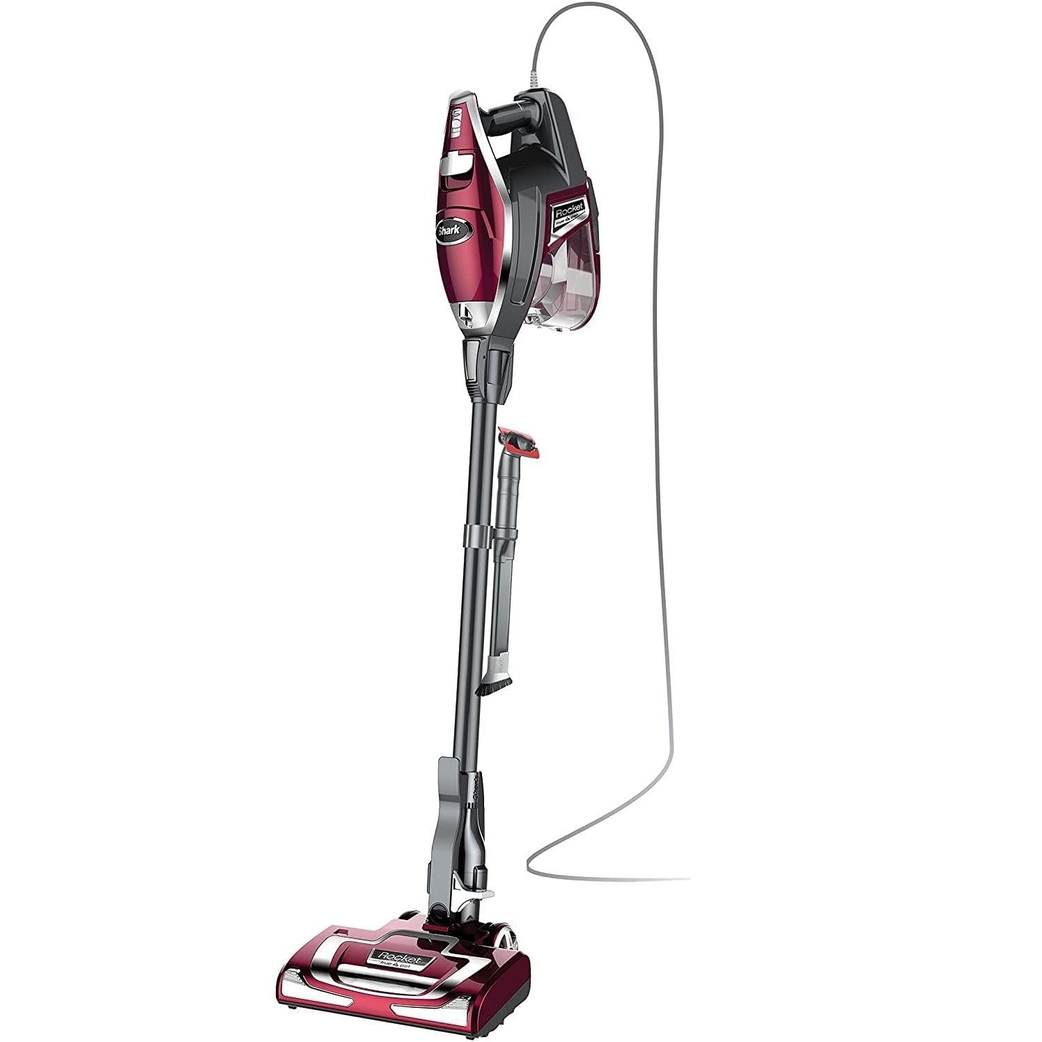 A corded upright vacuum cleaner with a detachable handheld vacuum, predominantly red and silver in color.