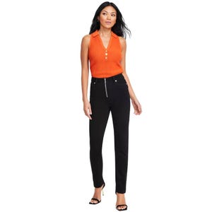 Black high-waisted, straight-leg jeans featuring an exposed front zipper and side pockets, paired with black high-heeled sandals.
