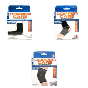Copper compression braces for elbow, ankle, and knee, designed to help soothe aches and muscle pains. Each package includes one adult-sized brace, suitable for most users.