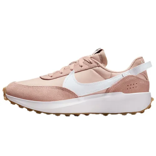 A pink and white athletic shoe with a gum sole, featuring a sleek design and a prominent swoosh logo on the side.