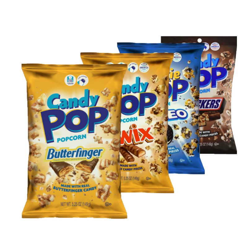 Candy Pop Popcorn featuring Butterfinger, Twix, Oreo, and Snickers flavors, each made with real candy pieces.
