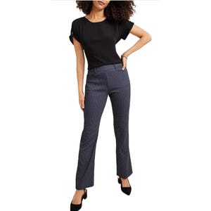 Women's bootcut pants in a dark blue with a subtle checkered pattern, featuring a tailored fit with belt loops and a slightly flared leg.